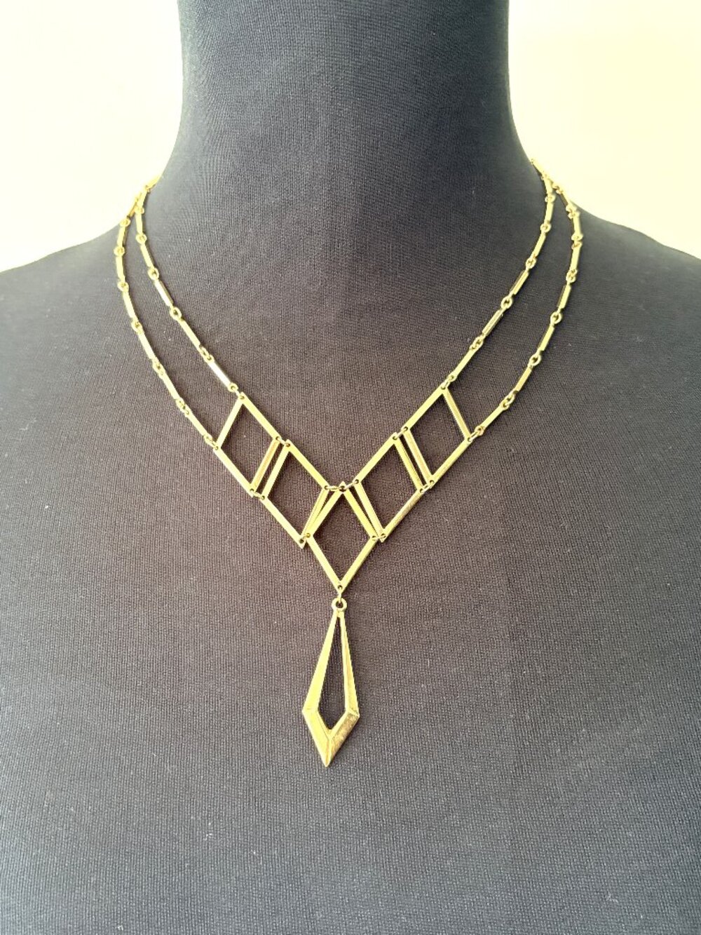 Vintage Sarah Coventry Art Deco Geometric Diamond Frame Necklace Gold Tone